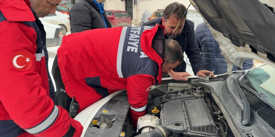 Doğanşehir’de Kaputa Sıkışan Kedi İtfaiye Ekiplerince Kurtarıldı