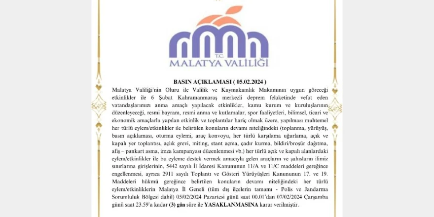 Malatya'da 3 Gün Süreyle Her Türlü Eylem Yasaklandı