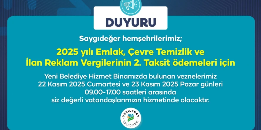 Yeşilyurt Belediyesi’nden Hafta Sonu Vezne Hizmeti!